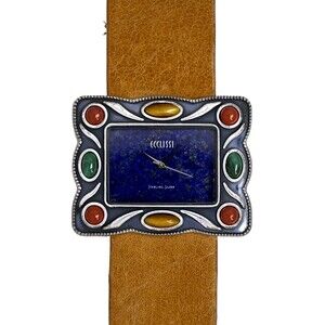 Ecclissi Rare Ladies Sterling Silver Beautiful Stone Bezel Genuine Brown Leather